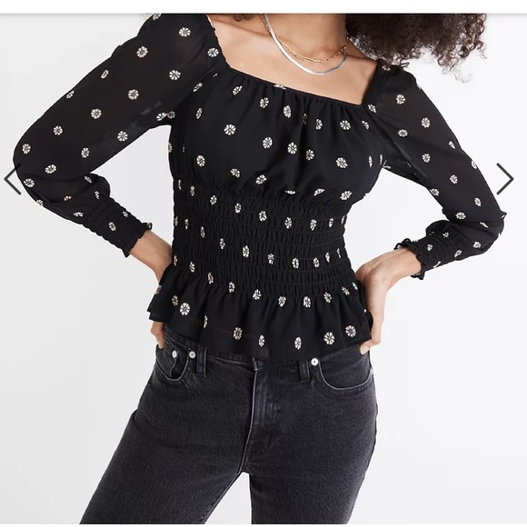 Madewell Tops - Madewell (Re)sourced Georgette Square-NeckSmock-Waist Top in Bloom Dot